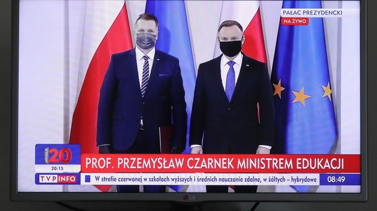 Broadcast of the ceremony in the Presidential Palace in Warsaw, during which the President of the Republic of Poland Andrzej Duda (R) appointed Przemysław Czarnek (L) the Minister of Education and Science, Oct. 19. Czarnek's appointment was delayed due to his infection with the coronavirus. PAP/Paweł Supernak 19.10.2020