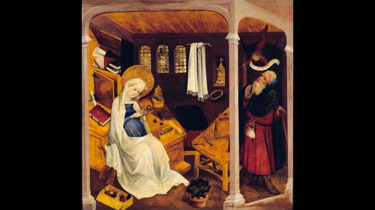 Średniowieczne okna nie przepuszczały tyle światła, co dzisiejsze. Na gomółki w oknach stać było tylko zamożniejsze osoby. Obraz Wątpliwości Józefa (1430–1440), Mistrz Górnoreński i jego warsztat, via Wikipedia