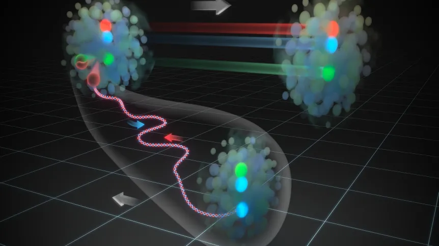 Gdy proton zderza się z innym protonem, gluon wyemitowany przez kwark walencyjny jednego protonu może wejść w interakcję z kwarkiem wirtualnej pary z morza wewnątrz drugiego protonu. Zgodnie z modelem GEM, rezultatem takiego oddziaływania będzie szybki proton o nienaruszonej strukturze kwarków walencyjnych oraz inne cząstki, utworzone w procesach zachodzących w obszarze oddziaływania umownie zaznaczonym na biało. Źródło: IFJ PAN