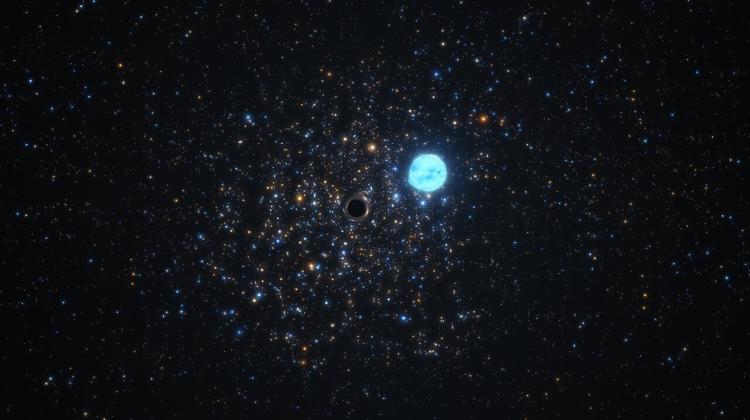 Artystyczna wizja pokazuje czarną dziurę 11 razy masywniejszą niż Słońce oraz okrążającą ją gwiazdę o 5 masach Słońca. Oba obiekty znajdują się w NGC 1850, gromadzie tysięcy gwiazd odległej o prawie 160 000 lat świetlnych w Wielkim Obłoku Magellana, galaktyce sąsiadującej z Drogą Mleczną. Zniekształcenie kształtu gwiazdy wynika z silnego oddziaływania grawitacyjnego wywieranego przez czarną dziurę. Źródło: ESO/M. Kornmesser.