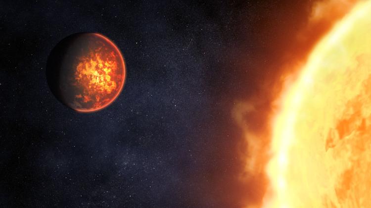Artystyczna wizja gorącej planety skalistej krążącej bardzo blisko swojej gwiazdy. Źródło: NASA.