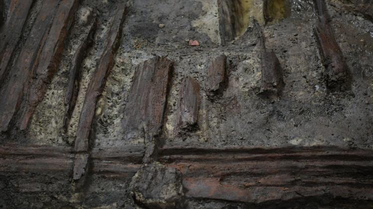 20.12.2022. Fragment of the defensive embankment reinforcement from ca. 930 CE, December 20, Gdansk. The discovery was made under the floor of the former city hall. PAP/Adam Warżawa