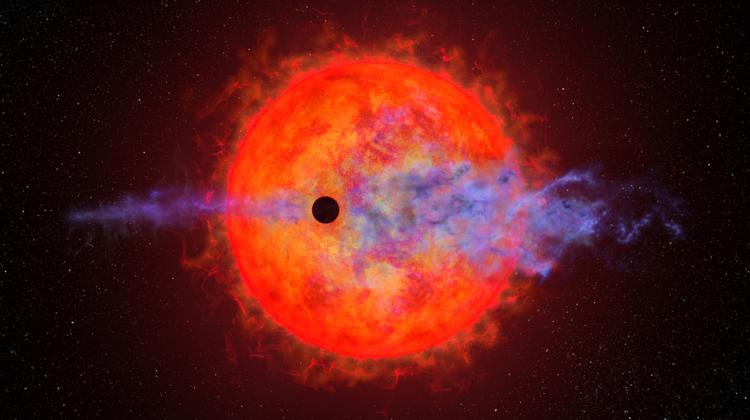 Artystyczna wizja pokazuje przejście planety (czarne kółko) na tle gwiazdy. Wodór z atmosfery planety ucieka w przestrzeń kosmiczną, rozciągając się wzdłuż orbity planety. Źródło: NASA, ESA, oraz Joseph Olmsted (STScI).