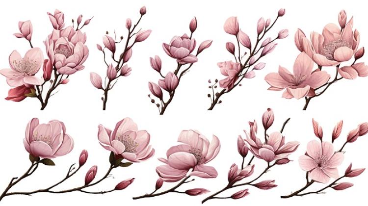 ilustracja botaniczna przedstawiająca kwiaty magnolii, źródło: Adobe Stock