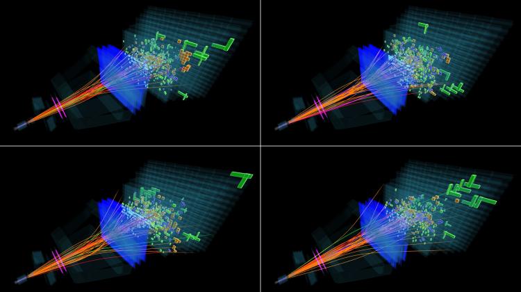 Wizualizacja strumieni cząstek wtórnych zarejestrowanych przez detektor LHCb w kilku zderzeniach proton-proton. Źródło: LHCb Collaboration /  IFJ PAN