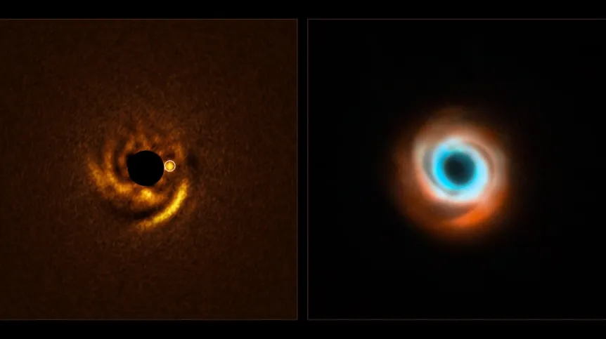 Kandydatka na planetę w dysku wokół gwiazdy HD 135344B. Po lewej obraz z instrumentu ERIS na teleskopie VLT, a po prawej połączenie wcześniejszych obserwacji instrumentem SPHERE na VLT oraz siecią radioteleskopów ALMA. Źródło: ESO/F. Maio et al./T. Stolker et al./ ALMA (ESO/NAOJ/NRAO)/N. van der Marel et al.