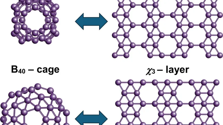 Odpowiedniość strukturalna między fulerenami boru a dwuwymiarowymi borofenami. Klaster B₄₀ odpowiada warstwie χ₃, natomiast B₆₅ odpowiada warstwie β₁₂. (Źródło: N. Gonzalez Szwacki, Wydział Fizyki UW).