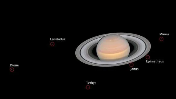 Saturn i sześć z 62 jego księżyców. Zdjęcie wykonane przez Kosmiczny Teleskop Hubble’a 6 czerwca 2018 r. Źródło: NASA, ESA, A. Simon (GSFC), OPAL Team, J. DePasquale (STScI).