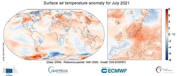 Anomalia temperatury powierzchniowej powietrza w lipcu 2021 r. w stosunku do średniej lipcowej z okresu 1991-2020. Źródło danych: ERA5. Źródło: Copernicus Climate Change Service/ECMWF.