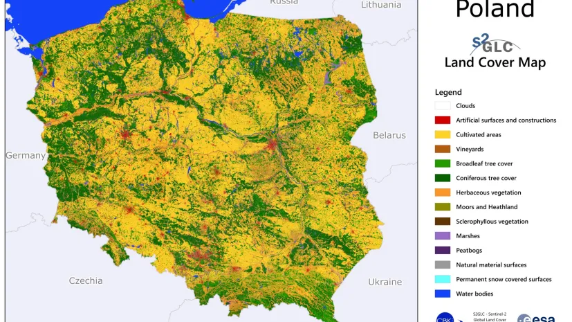 Mapa pokrycia terenu w Polsce opracowana w ramach projektu S2GLC.  Rys. CBK PAN