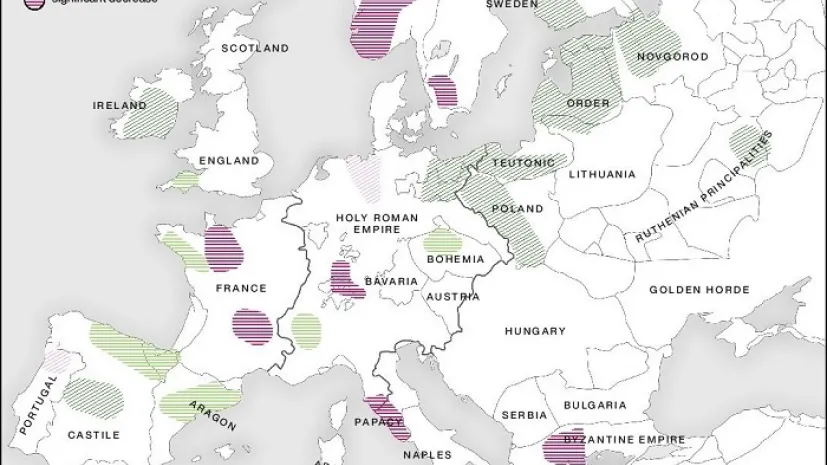 Różne scenariusze regionalnego zróżnicowania śmiertelności podczas epidemii czarnej śmierci w świetle badań BDP. Kolory odzwierciedlają zmiany wskaźników pyłkowych zbóż w skali stuleci. W tle mapa z granicami politycznymi XIV-wiecznej Europy; autorzy wykresu: Hans Sell, Michelle O’Reilly, Adam Izdebski, mat.pras. UWB