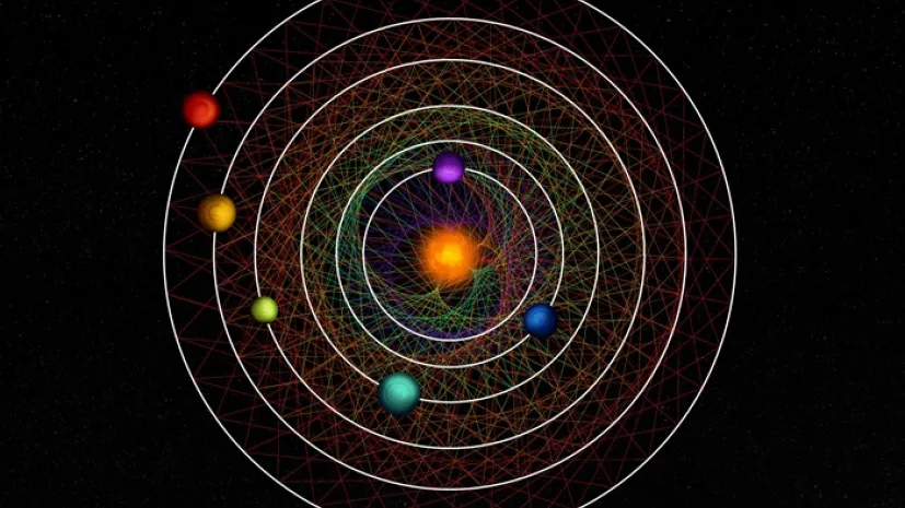 Sześć planet układu HD110067 tworzy wspólnie ciekawy wzór geometryczny, który wynika z ich rezonansu. Źródło: © CC BY-NC-SA 4.0, Thibaut Roger/NCCR PlanetS