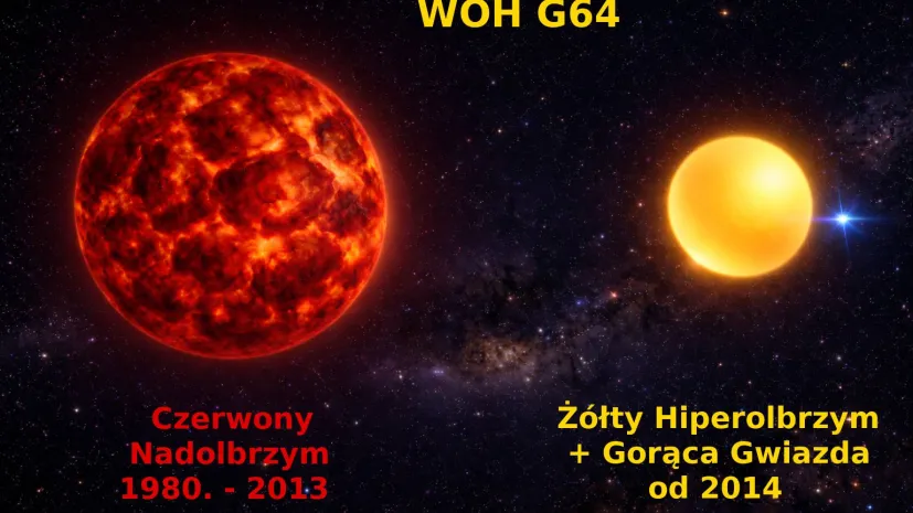 Wizja artystyczna dwóch twarzy gwiazdy WOH G64: czerwony superolbrzym od momentu odkrycia w latach 1980. do 2013 roku i żółty hiperolbrzym z gorącym niebieskim towarzyszem od roku 2014. Obraz stworzony z pomocą AI. Credit: Patryk Iwanek/OGLE